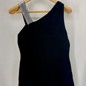 Cache One Shoulder Black Top Rhinestone Strap Women's M